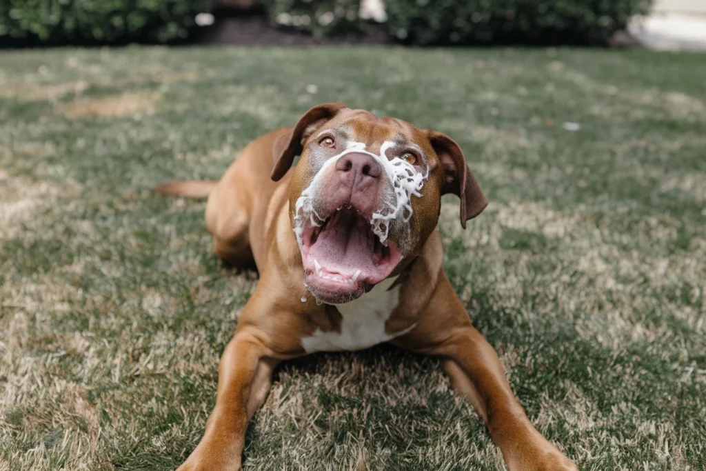 Brown dog vomiting white foam, showing signs of illness