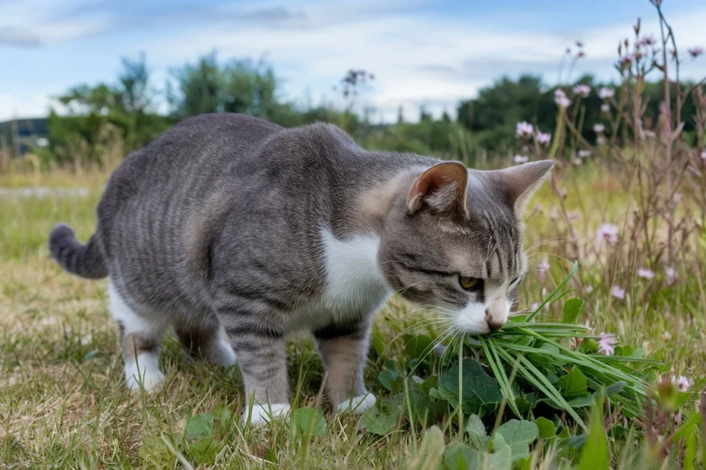 Indoor cat eating safe grass