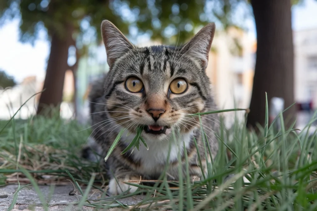 Cat eating fresh grass outdoors for digestion