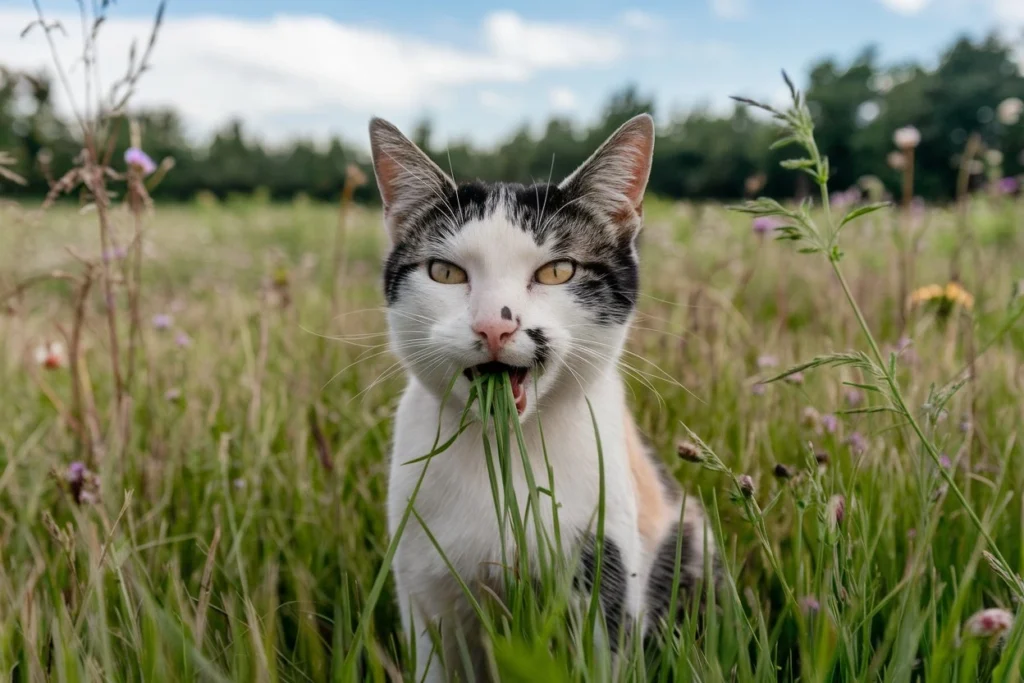 Curious cat eating grass in a field