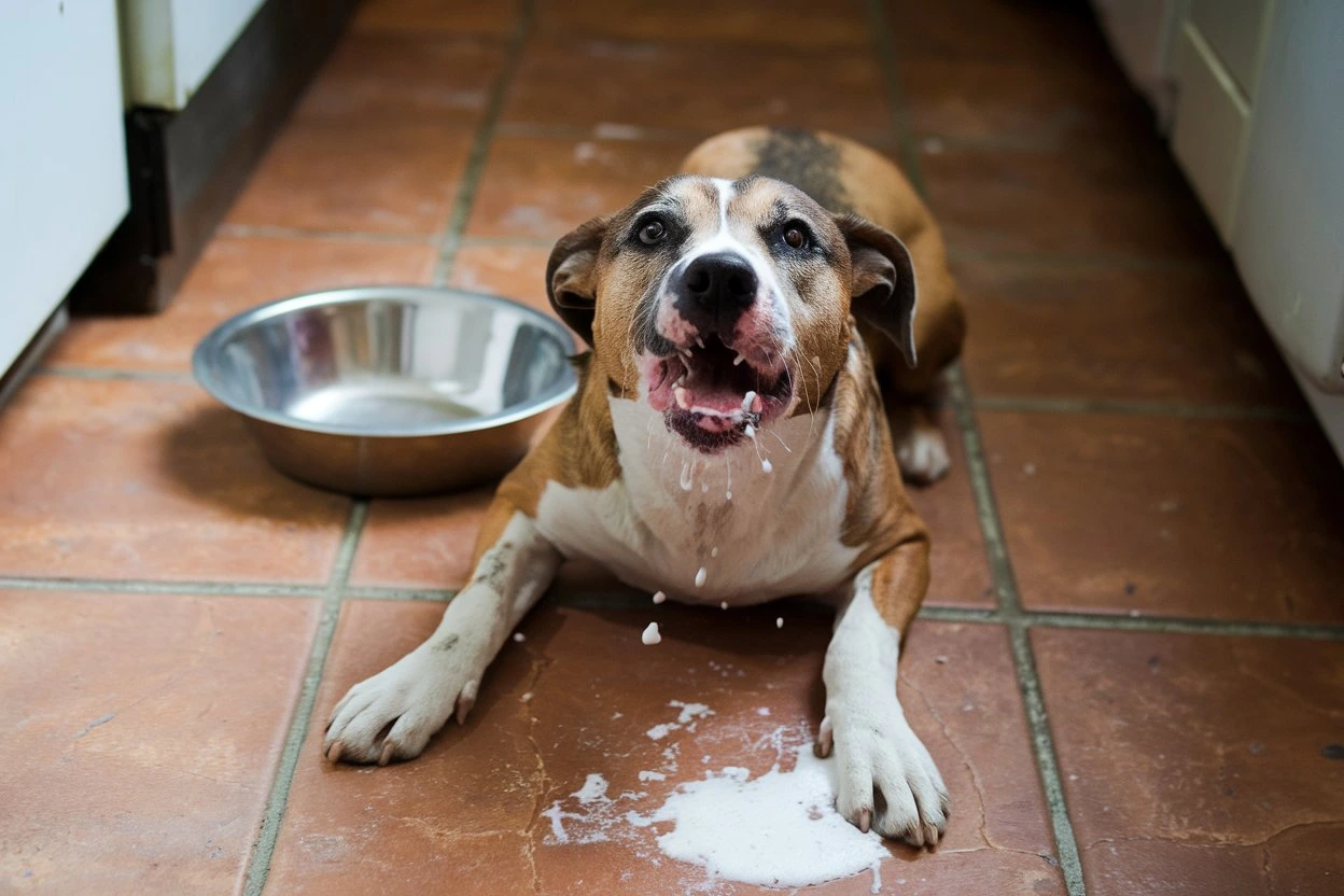 Dog with Mouth Open Vomiting.