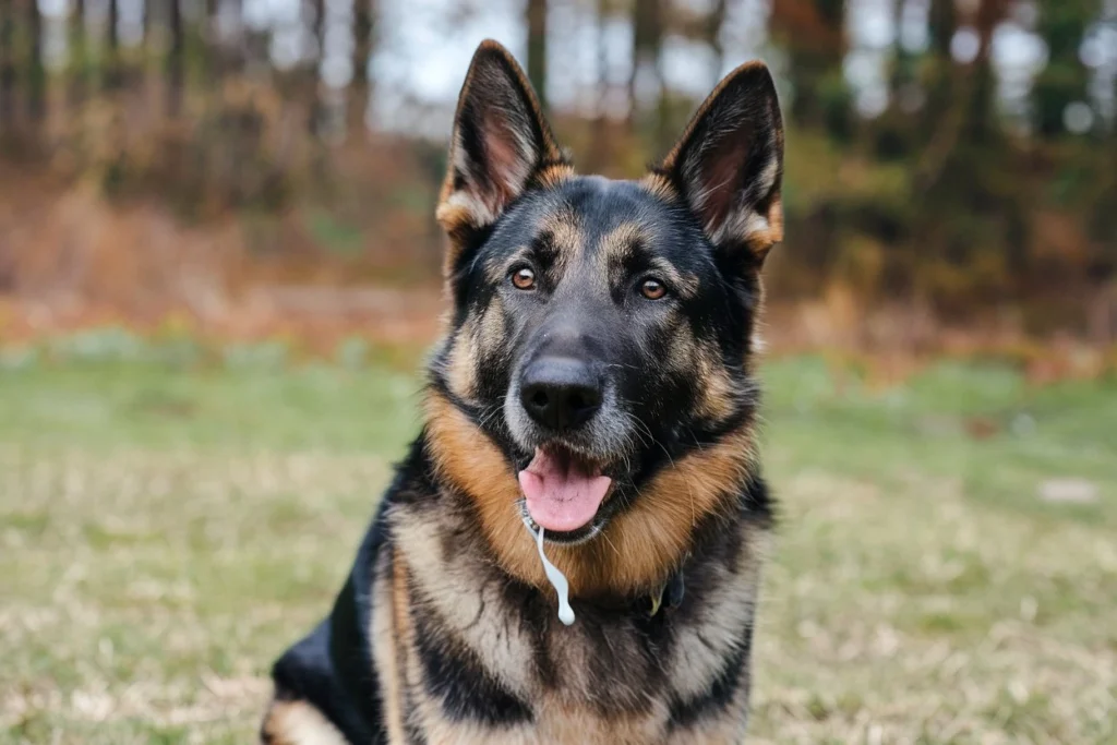 German Shepherd dog with white foam on its mouth, possibly showing signs of nausea or illness