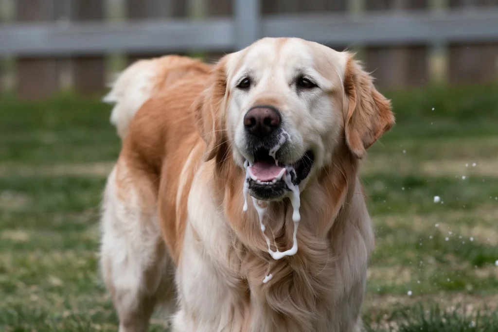 Golden Retriever dog with white foam on its mouth, possibly showing signs of nausea.