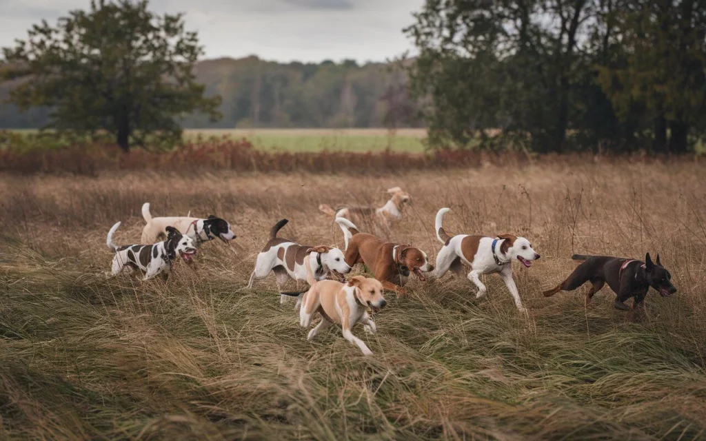 A group of hunting dogs running through a grassy field, focused and ready for action.