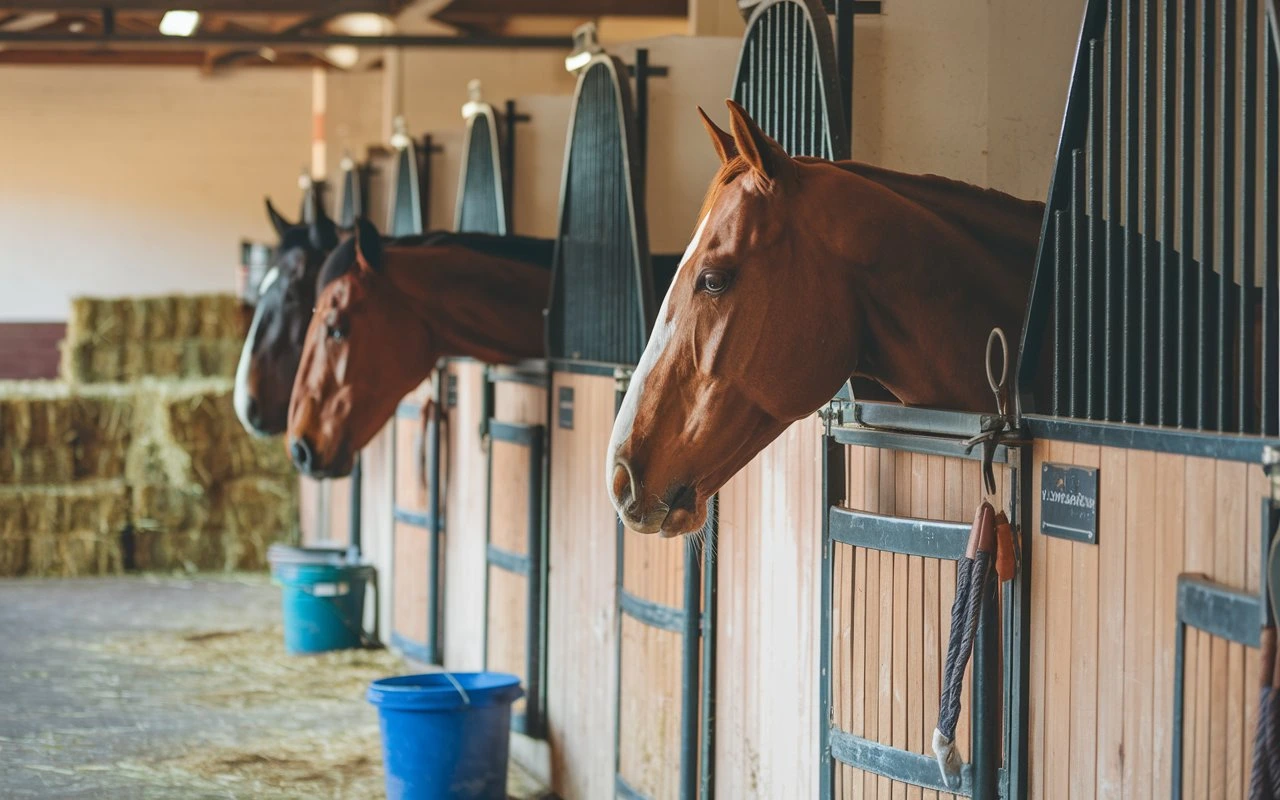 Horse boarding facility with horses in stalls