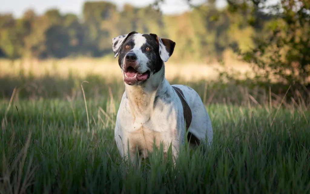 A hunting dog standing alert in a wooded area, scanning for prey.