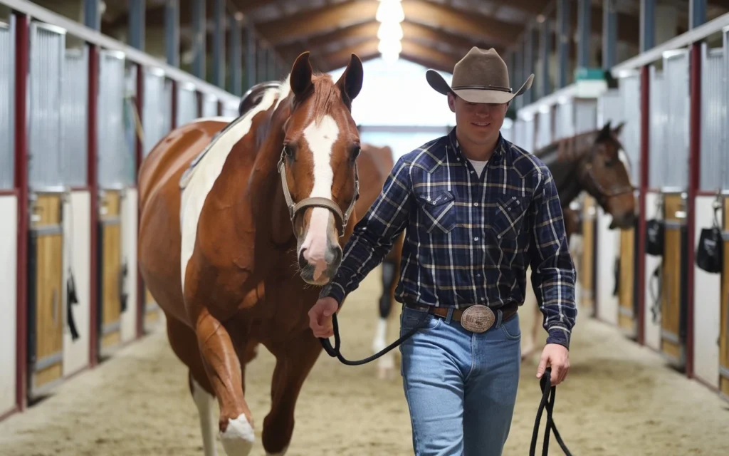 Man interacting with horse in a horse boarding barn