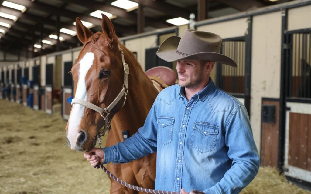 Man taking care of horse at a horse boarding facility