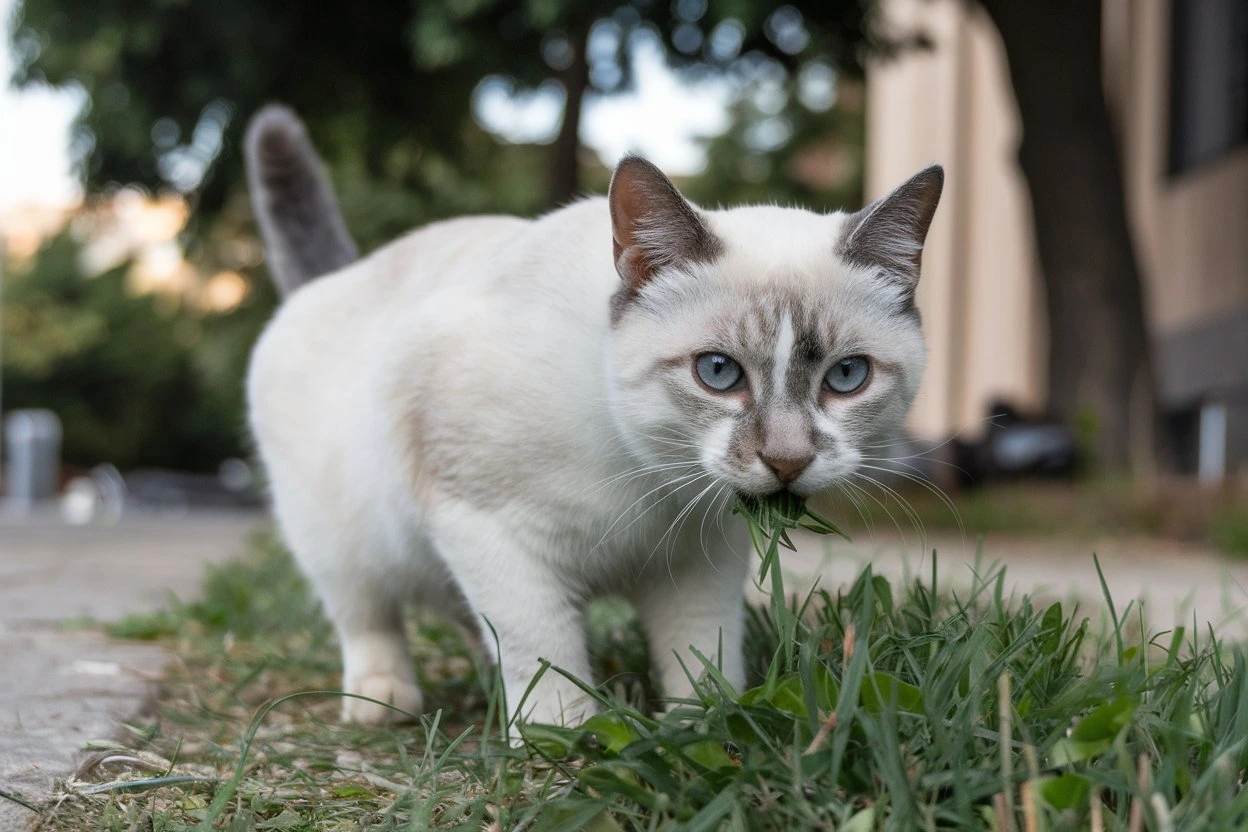 Cat grazing on grass to relieve stomach discomfort