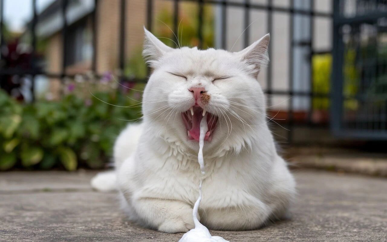 White cat vomiting white foam due to digestive issues