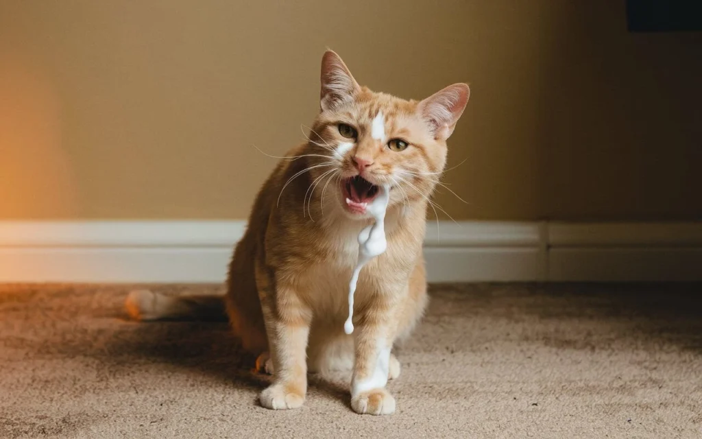 Orange cat with white foam vomit showing signs of nausea or discomfort