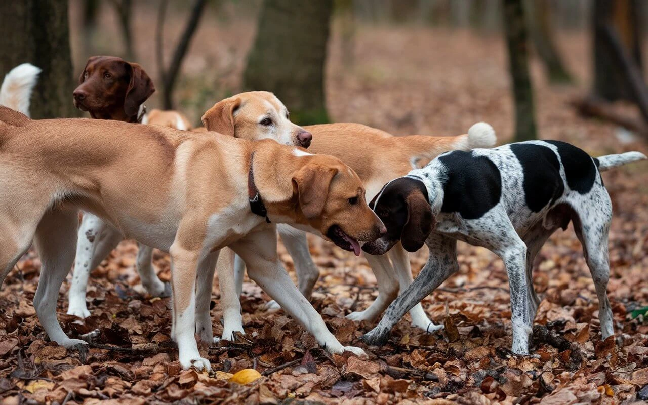 A group of hunting dogs standing alert in the wild, ready for the hunt.