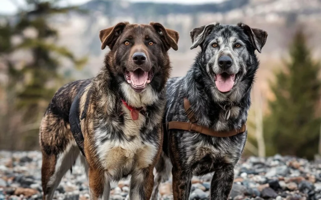 Two hunting dogs running through a grassy field with focused expressions.