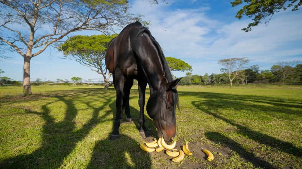 A horse enjoying a banana snack in a vibrant field of green grass on a sunny day.