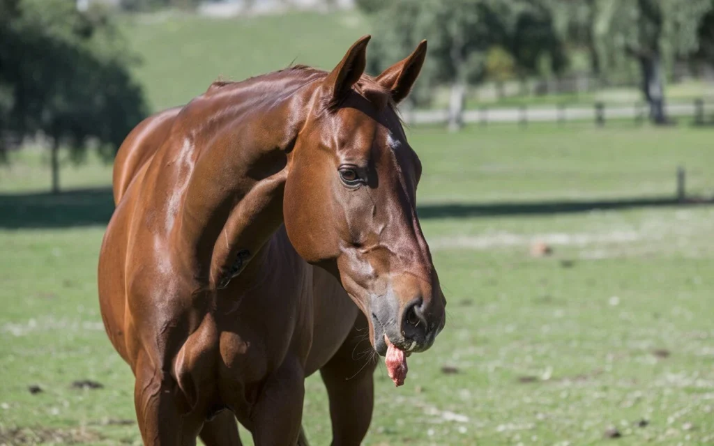 Uncommon sight of a horse eating meat, surprising behavior for herbivores