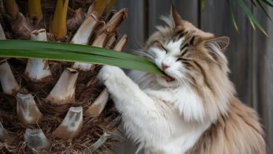 Cat chewing on palm plant leaves