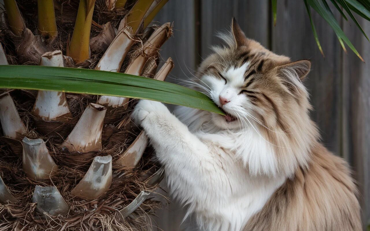 Cat chewing on palm plant leaves