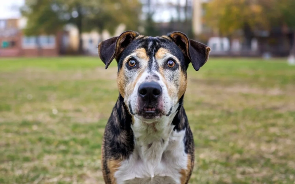 A dog staring directly at the camera with a confused expression