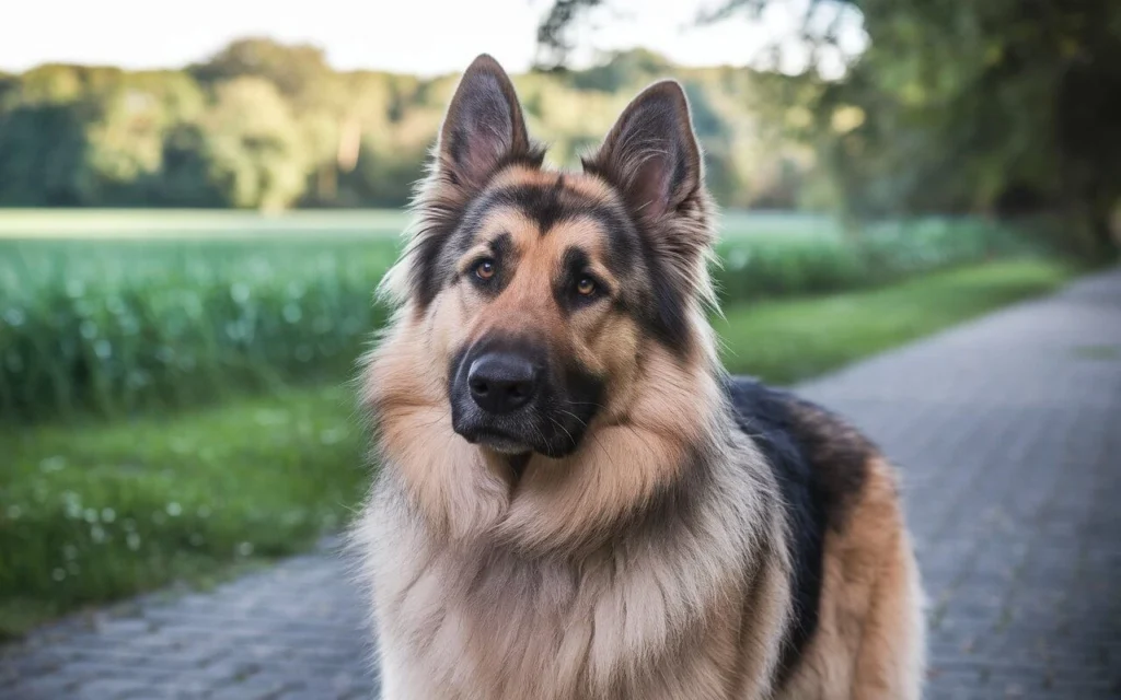 Close-up of a German Shepherd’s face with expressive eyes and alert ears