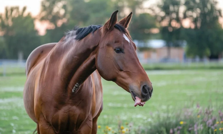 Horse eating a small piece of meat showing unusual behavior