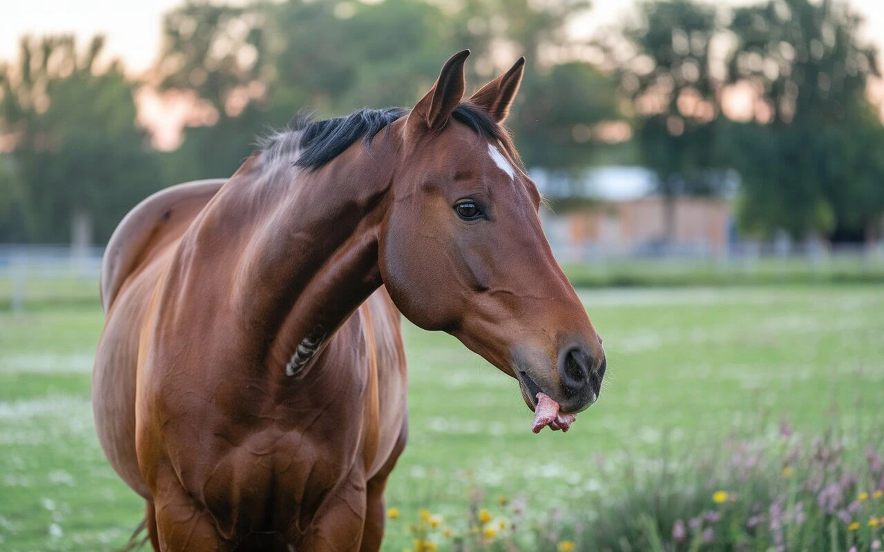 Horse eating a small piece of meat showing unusual behavior