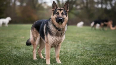 German Shepherd standing in a grassy field with a strong, alert expression