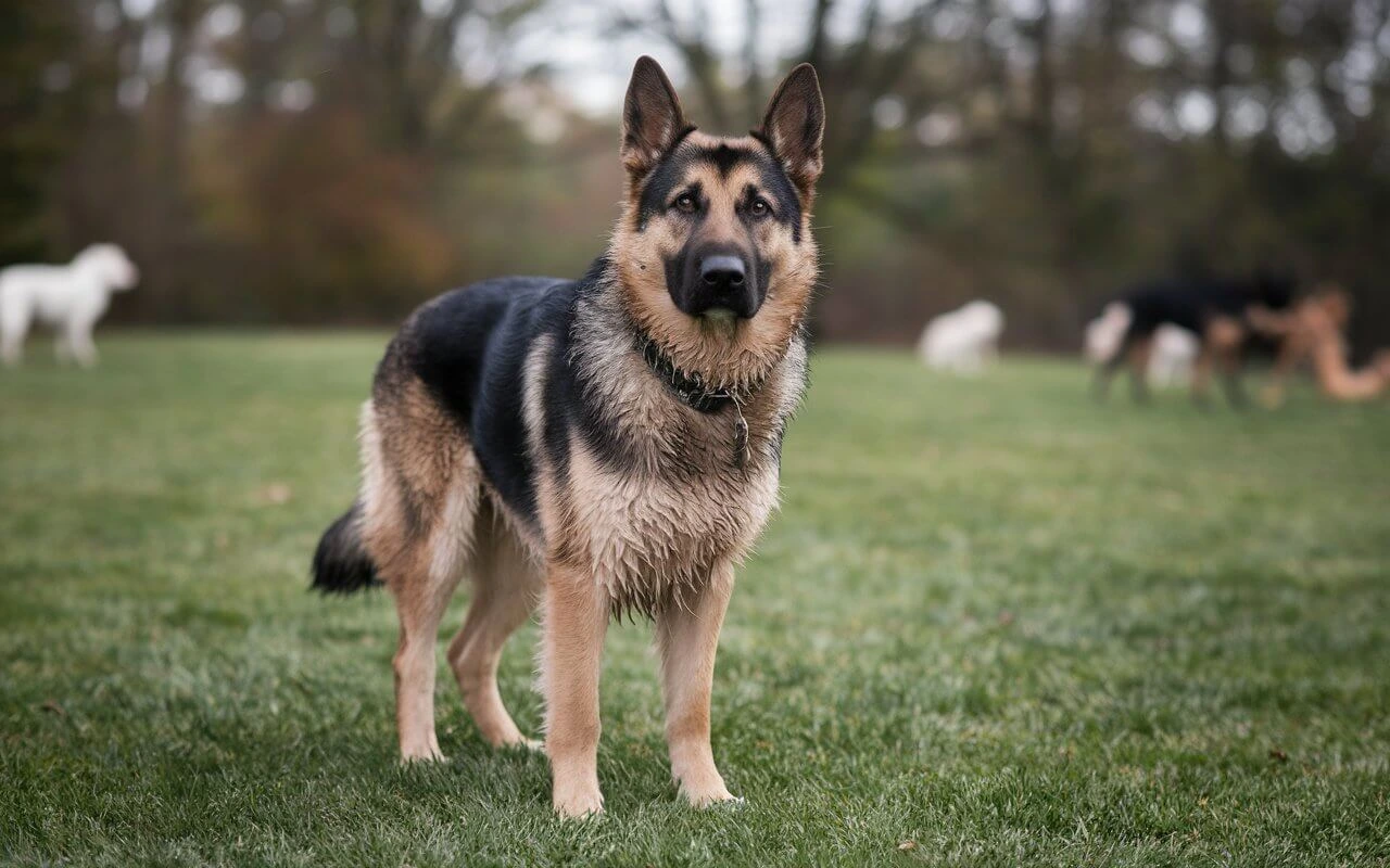 German Shepherd standing in a grassy field with a strong, alert expression