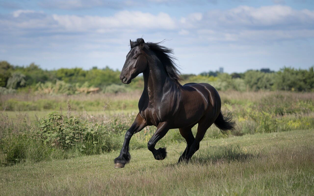 Black horse with flowing mane in the wild