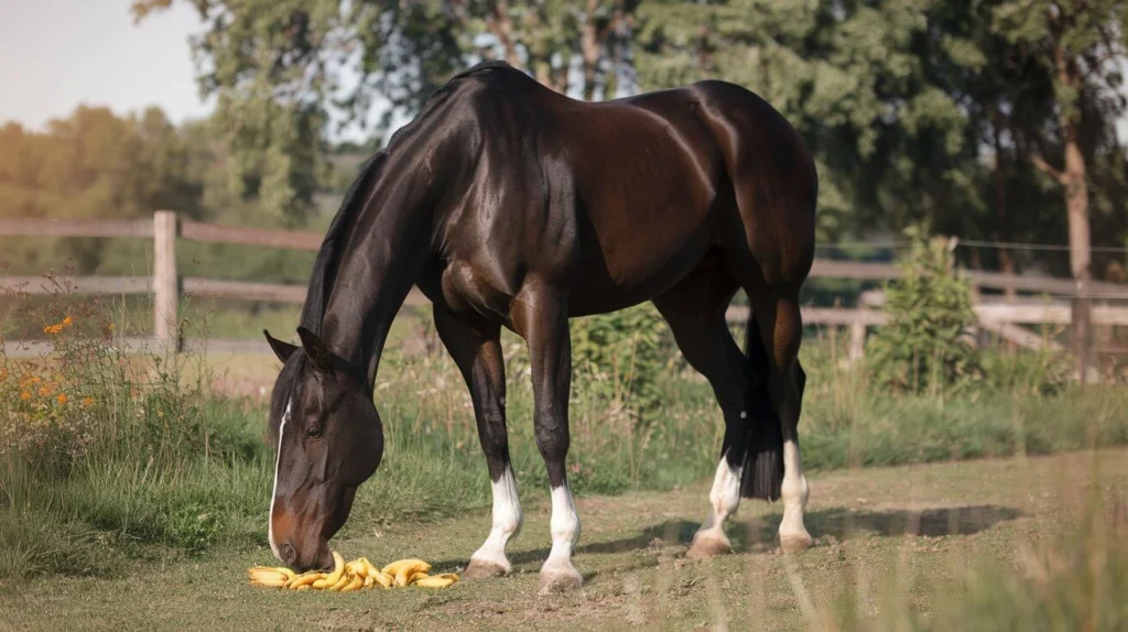 A black horse eating a banana in a green grassy field under a sunny sky.