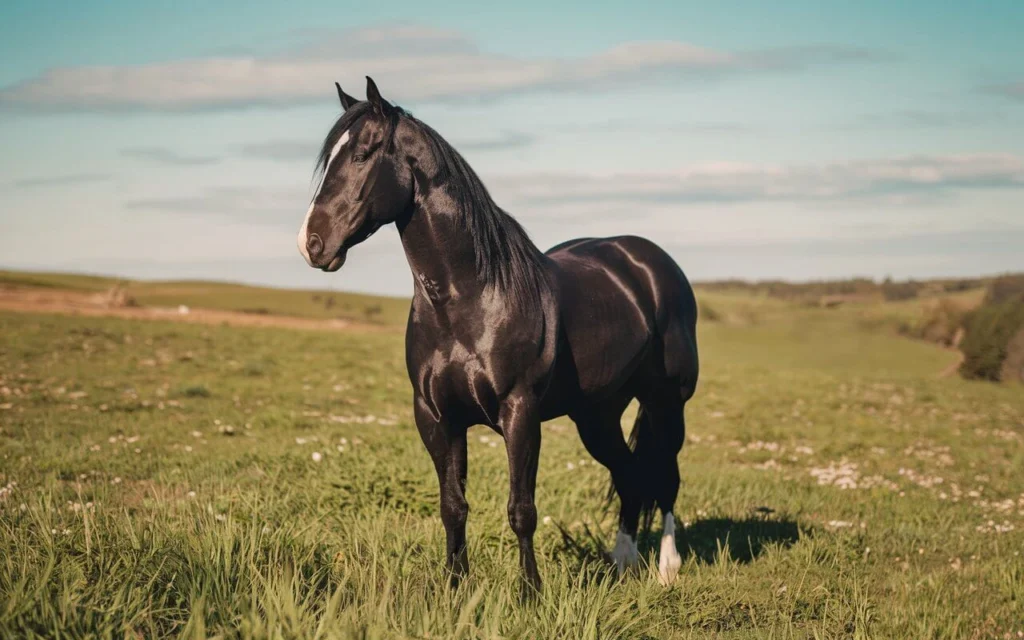 Black horse grazing in a peaceful pasture