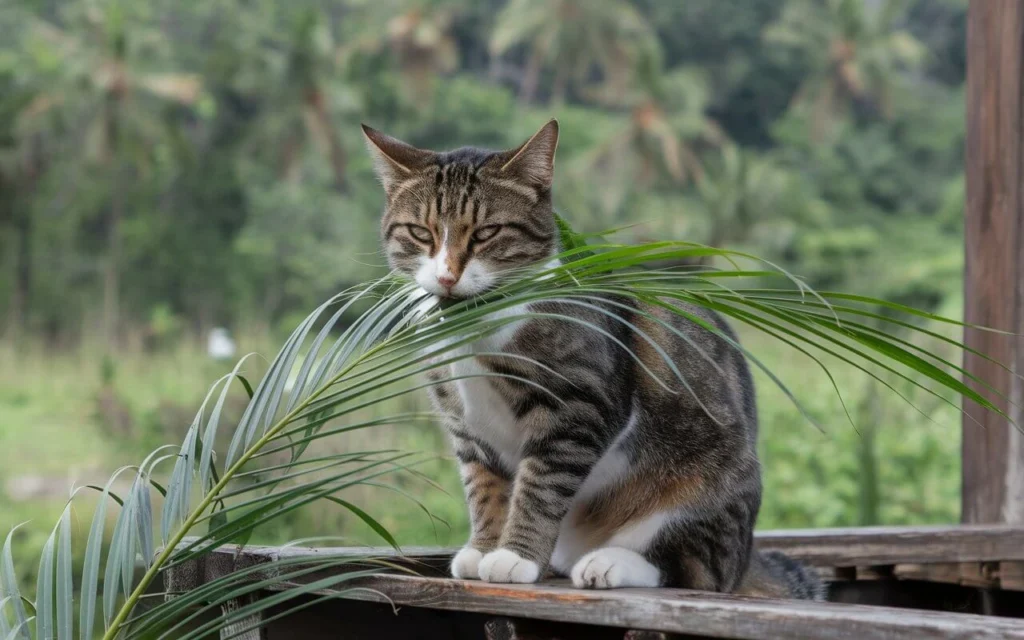 Cat nibbling on palm leaf