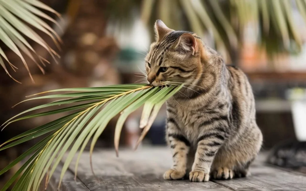 Cat eating palm tree leaves