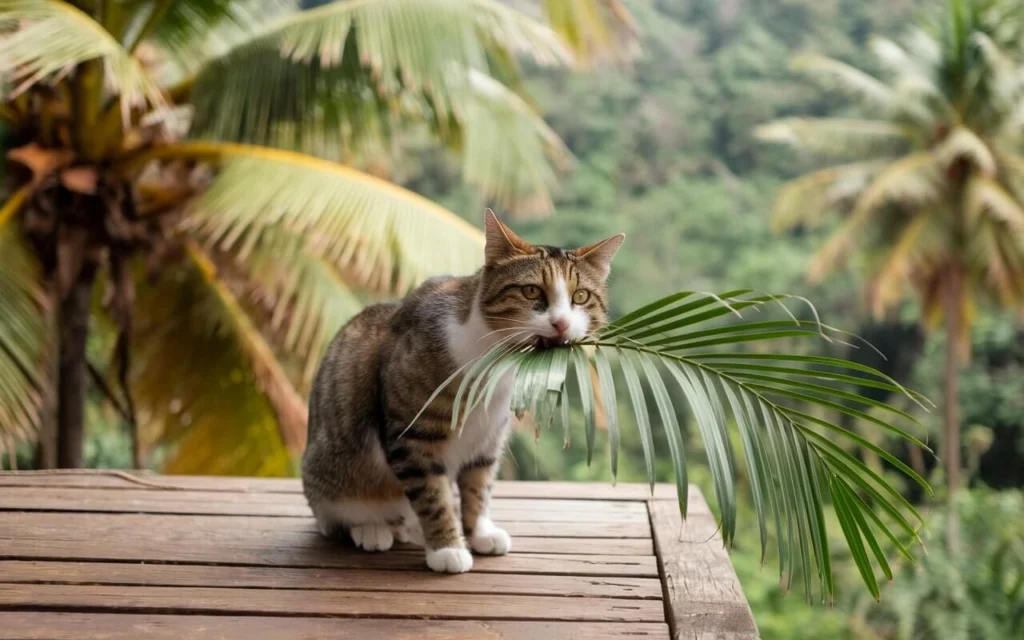 Cat munching on palm leaves