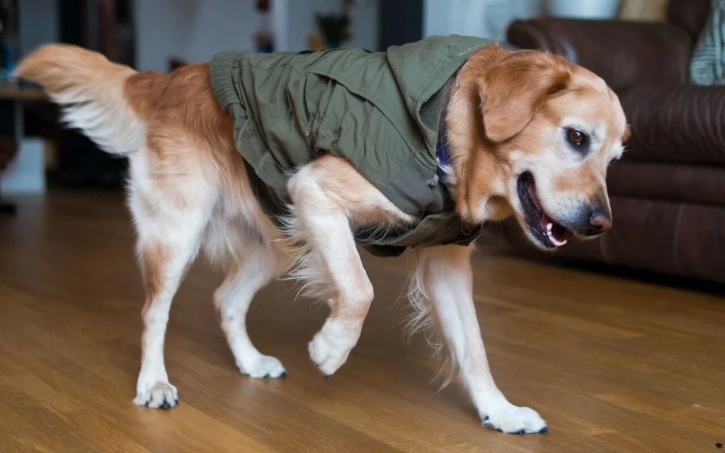 A dog acting drunk and disoriented on a wooden floor.