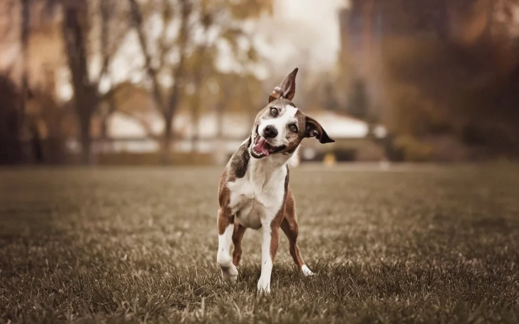 A dog tilting its head and moving strangely in a park.