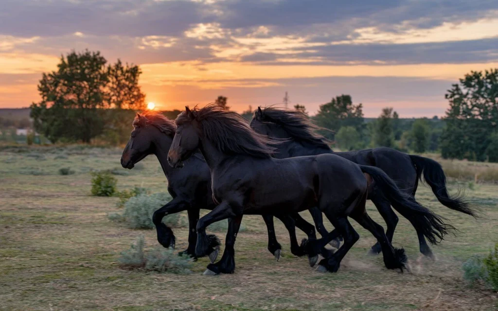 Group of black horses with beautiful flowing manes