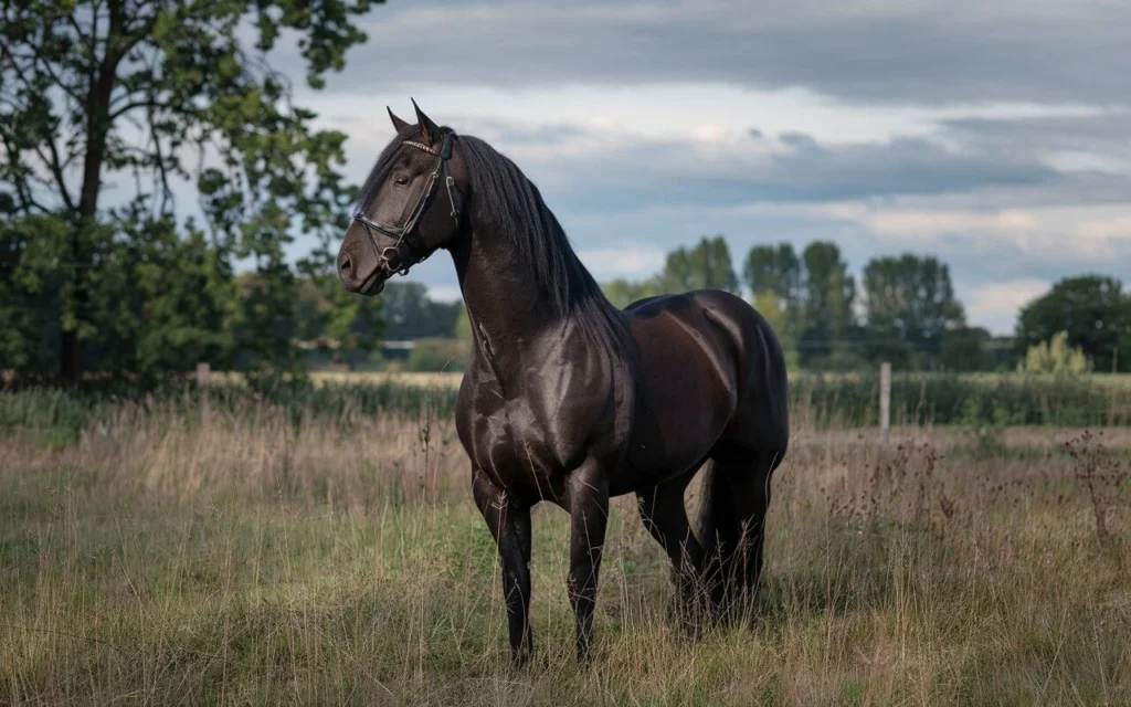 Black horse standing in a peaceful morning field