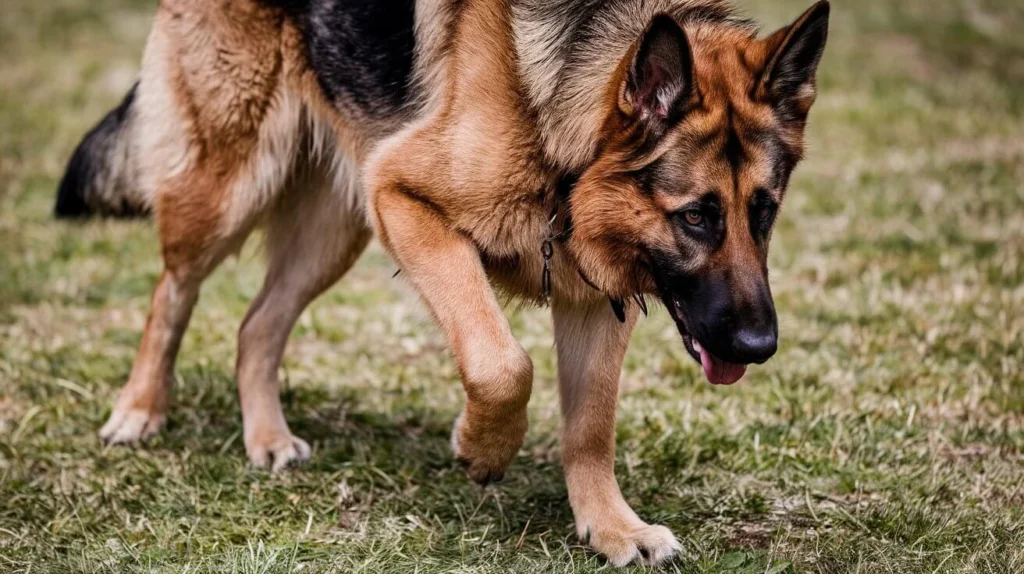 Dog with hind leg weakness walking on grass.