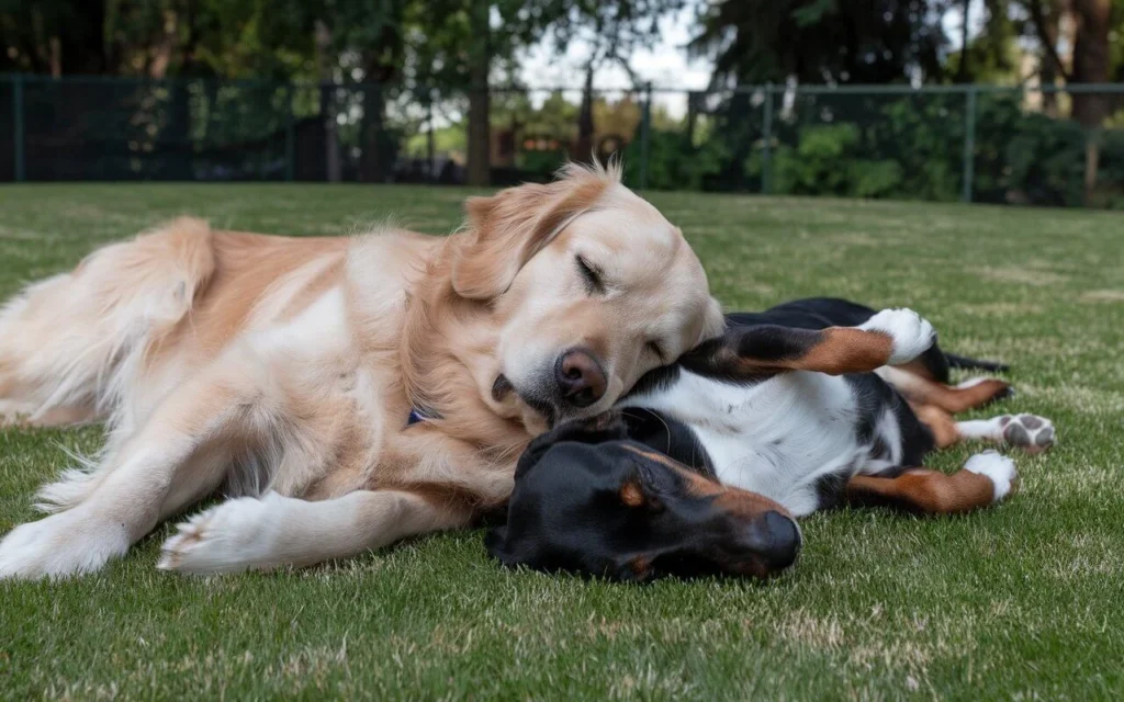 A pair of dogs resting side by side in a sunny spot, eyes closed in peaceful slumber.