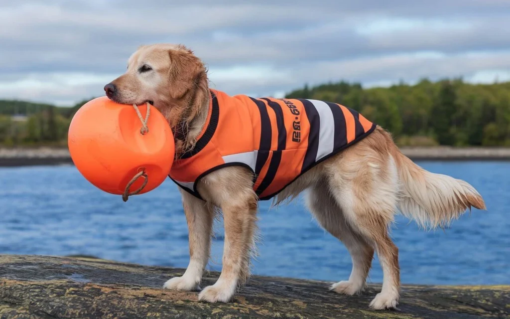 Golden Retriever wearing a swimsuit on a summer vacation