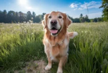 Close-up of a Golden Retriever smiling