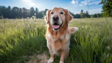 Close-up of a Golden Retriever smiling