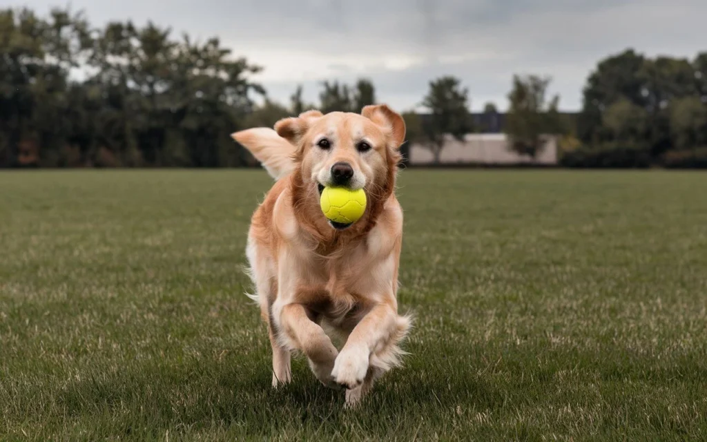 Golden Retriever holding a ball and running in the park