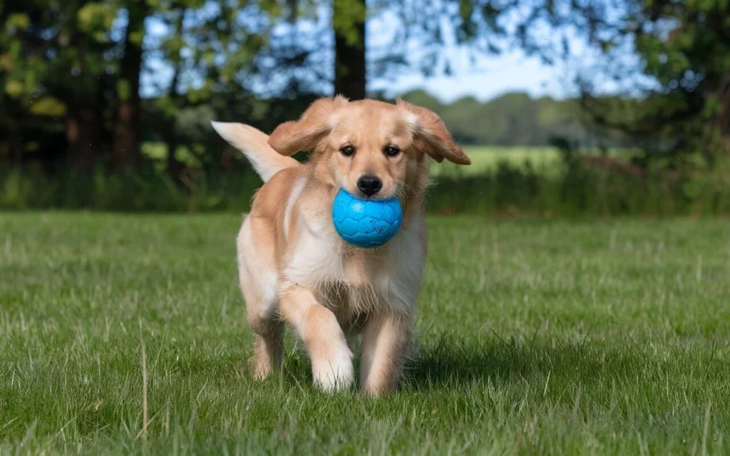 Golden Retriever puppy holding a ball and playing