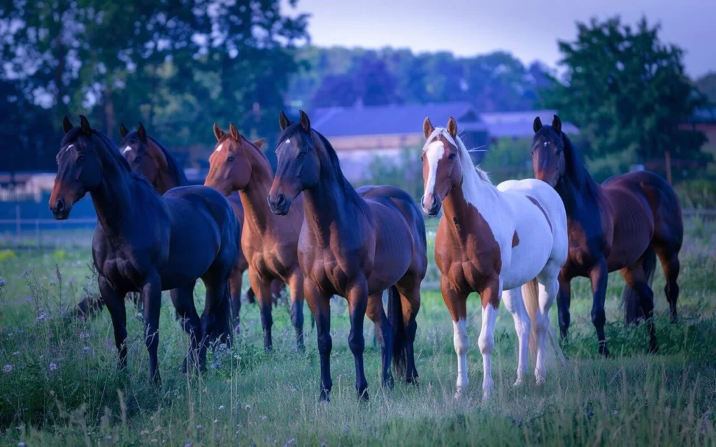 Group of horses grazing together in a pasture