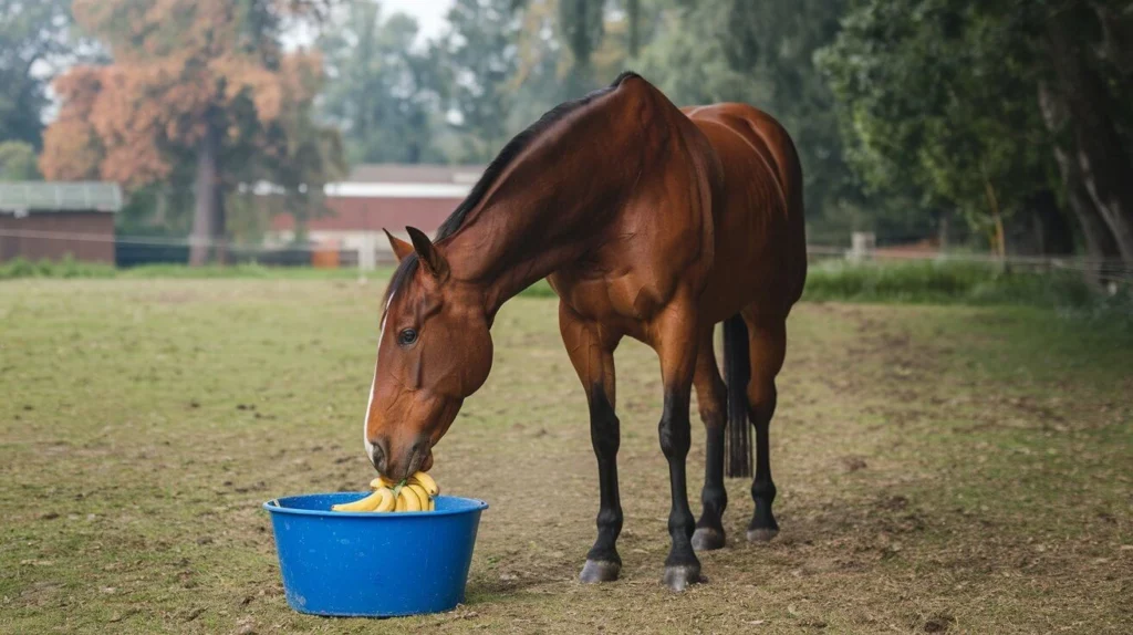 A brown horse enjoying a banana from a bucket, highlighting a healthy snack option for equines.