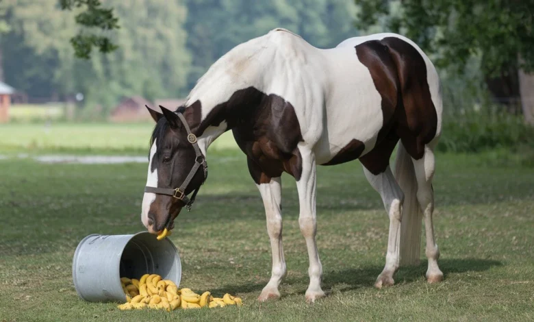 A horse eating a banana from a bucket, enjoying a healthy treat in a stable setting.