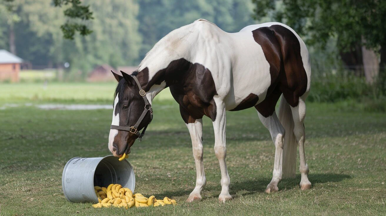 A horse eating a banana from a bucket, enjoying a healthy treat in a stable setting.