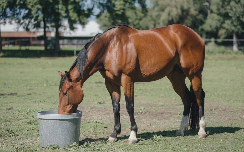 Horse eating from a bucket, showing a healthy feeding routine