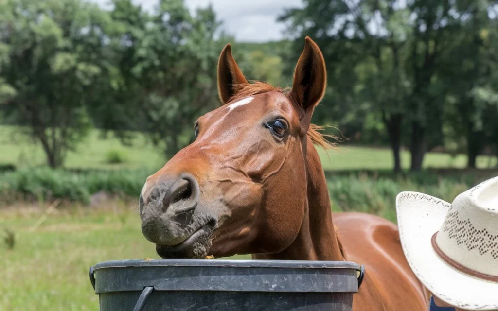 Horse eating feed from a bucket, showing proper feeding habits